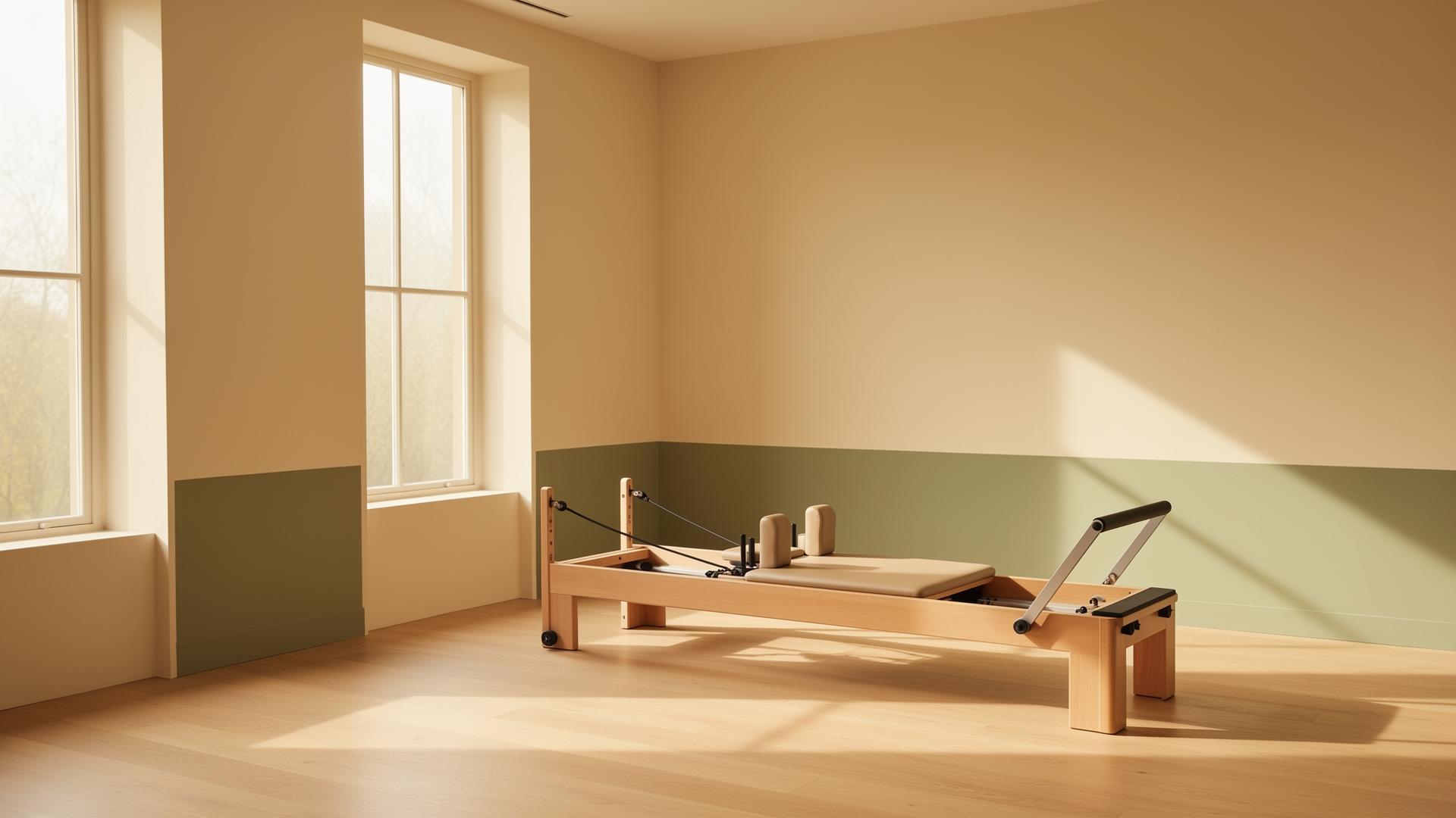 Calm sunlit Pilates studio with a reformer machine